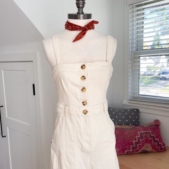 Urban Outfitters Sleeveless Corduroy Jumpsuit Medium Wide Leg Ivory - Picture 2 of 12